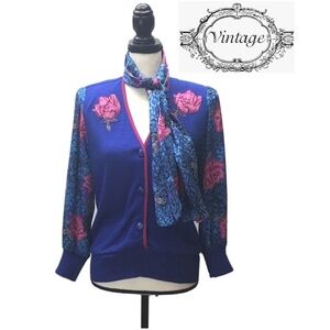 EUC Vintage Anthony Sicari 2pc Womens Blue Floral Scarf & Sweater Size 6